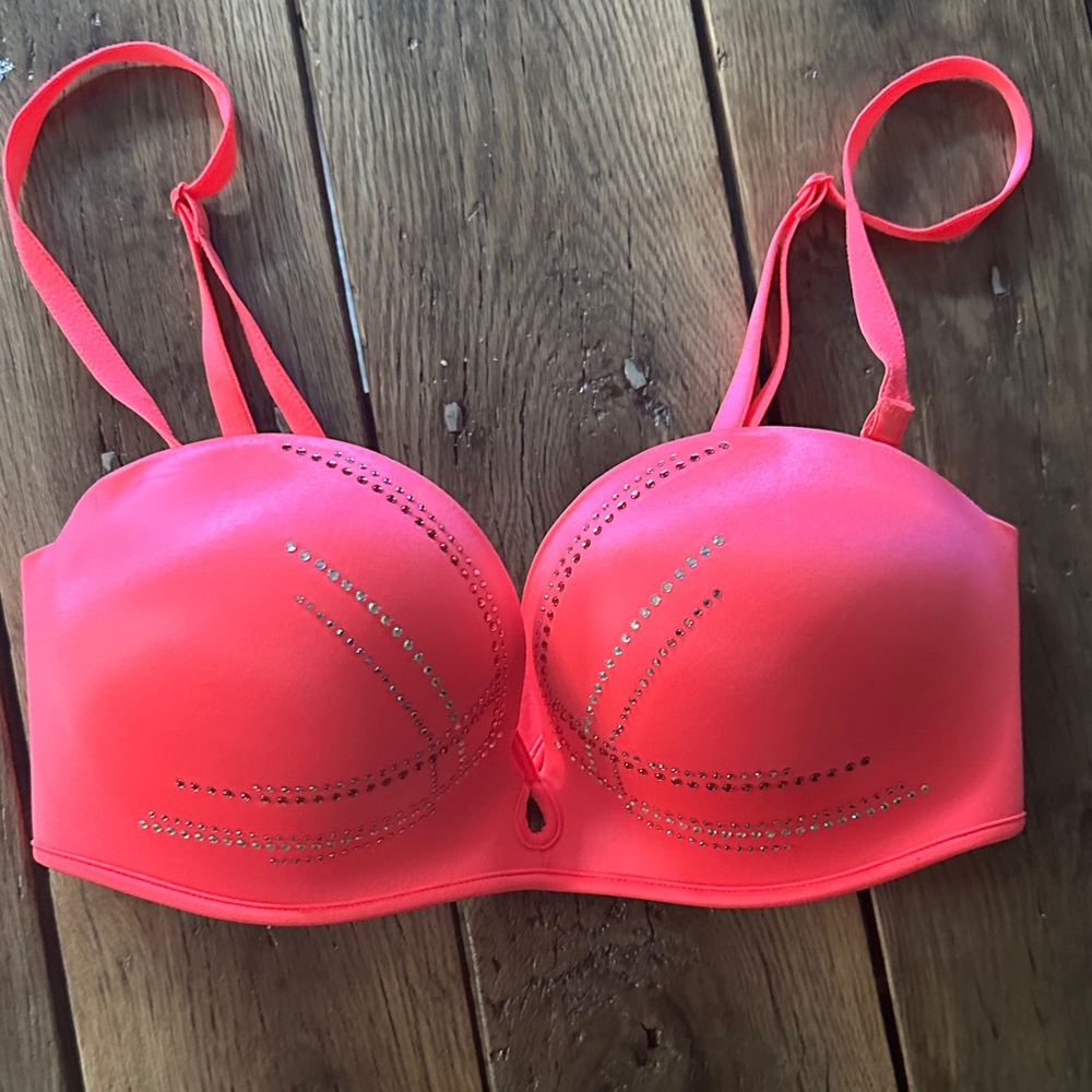 Victoria's Secret Neon Pink Strapless Bra with Rhinestone Accents